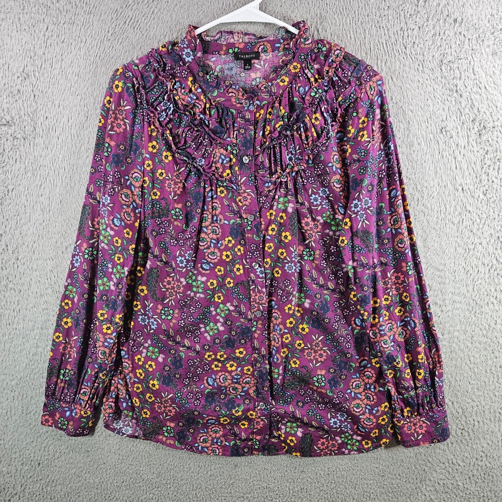 Talbots Womens Purple Floral Ruffle Button Down Blouse Long Sleeve Size S Cotton